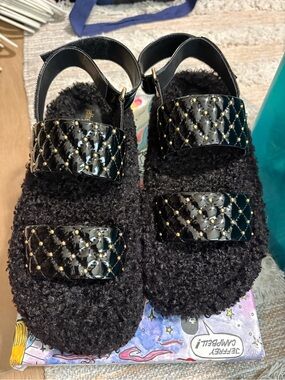 jeffrey campbell Black nubby Sandals with Quilted Patent Straps